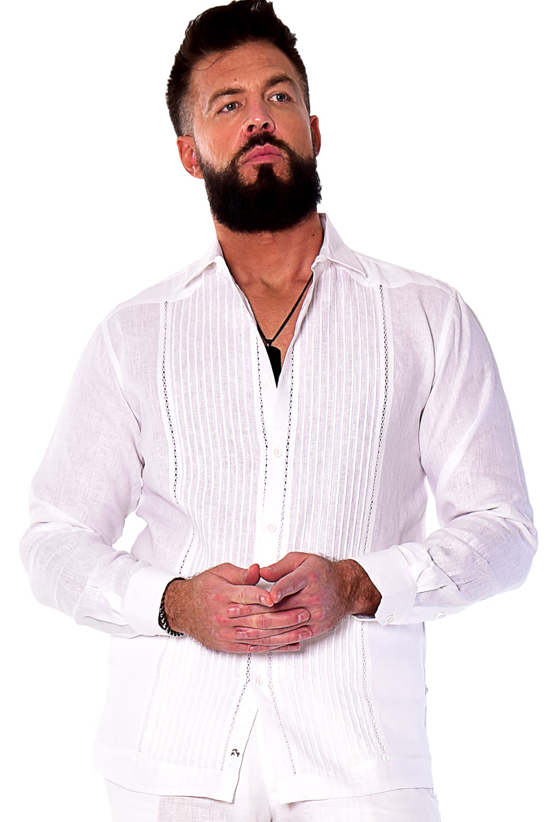 Bohio 100% Linen Fancy Guayabera Style Shirt For Men - Pin-Tucked in (3) Colors MLFG2025 - Casual Tropical Wear