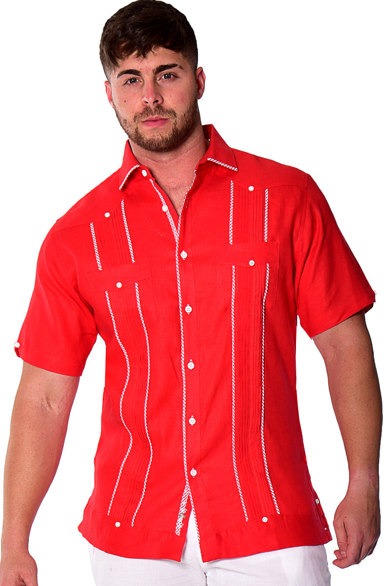 Bohio Mens 100% Pure Linen Cuban Guayabera Shirt - Short Sleeved Pin-Tucked w/Contrast Gingham Trims MLFG2028 - Casual Tropical Wear