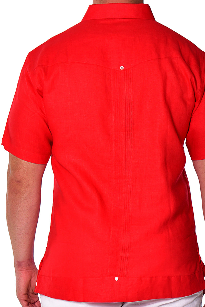 Bohio Mens 100% Pure Linen Cuban Guayabera Shirt - Short Sleeved Pin-Tucked w/Contrast Gingham Trims MLFG2028 - Casual Tropical Wear