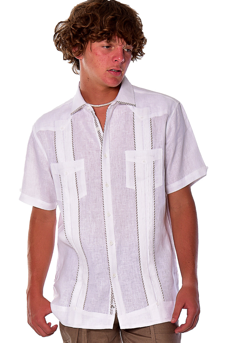 Bohio Mens 100% Pure Linen Cuban Guayabera Shirt - Short Sleeved Pin-Tucked w/Contrast Gingham Trims MLFG2028 - Casual Tropical Wear