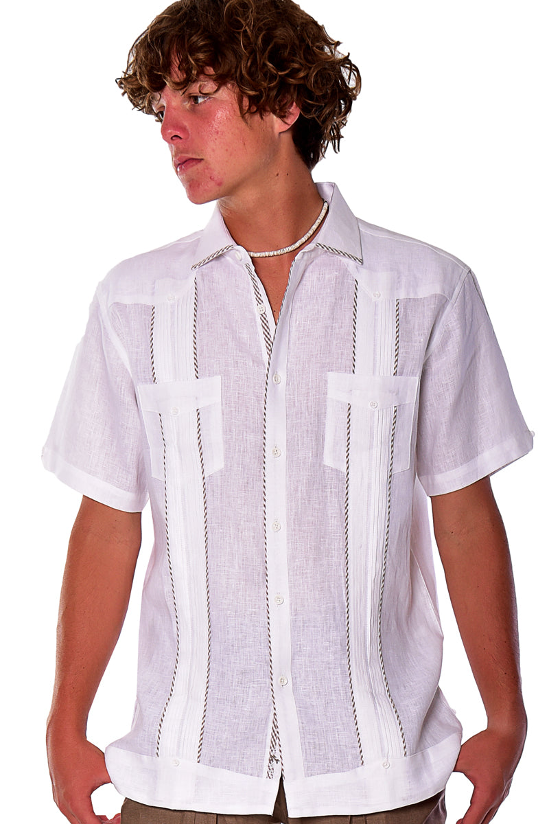 Bohio Mens 100% Pure Linen Cuban Guayabera Shirt - Short Sleeved Pin-Tucked w/Contrast Gingham Trims MLFG2028 - Casual Tropical Wear