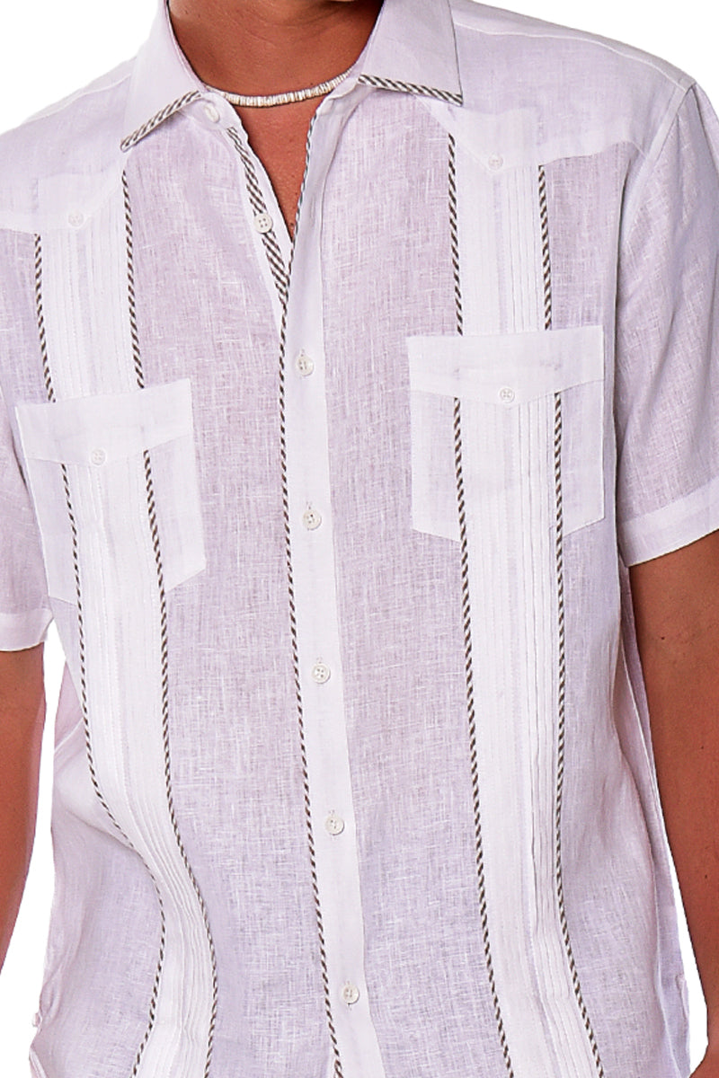 Bohio Mens 100% Pure Linen Cuban Guayabera Shirt - Short Sleeved Pin-Tucked w/Contrast Gingham Trims MLFG2028 - Casual Tropical Wear