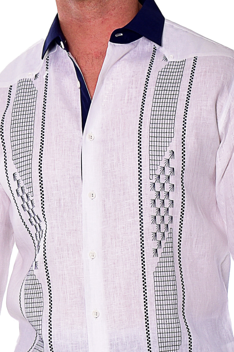 Bohio Mens 100% Linen Embroidered Front Guayabera Style Long Sleeve Shirt - MLFG2032