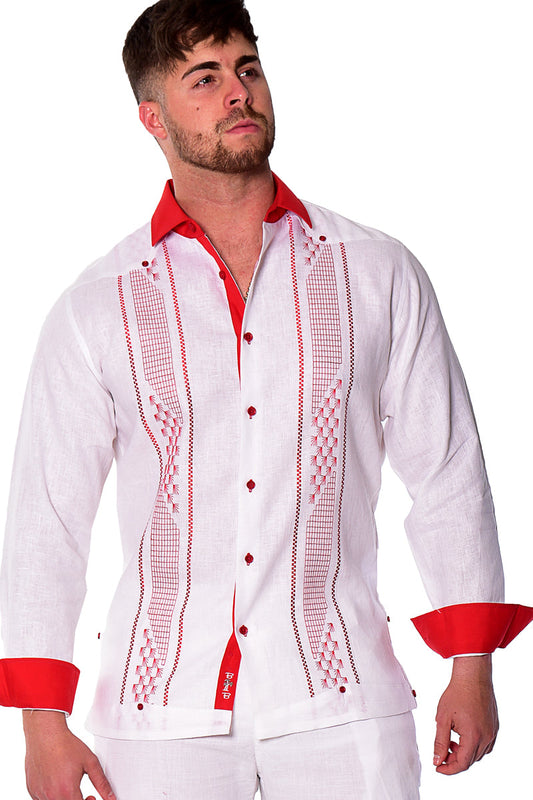 Bohio Mens 100% Linen Embroidered Front Guayabera Style Long Sleeve Shirt - MLFG2032