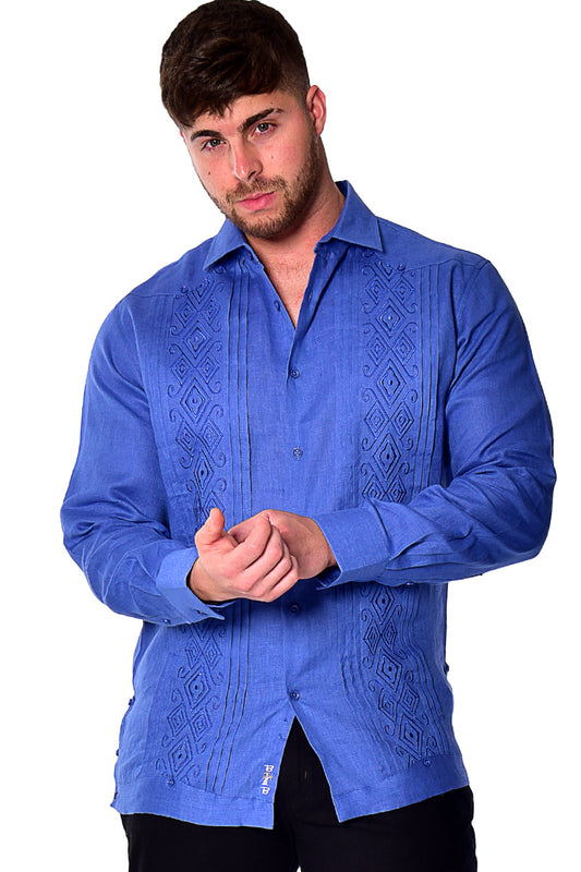Bohio Mens 100% Linen Fancy Guayabera Style Shirt for Men - Embroidered and Pin-Tucked - MLFG2034