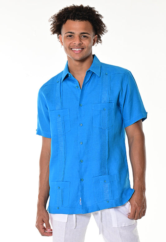 BOHIO MENS FANCY EMBROIDERED GUAYABERA CHACABANA CUBAN SHIRT 100% LINEN - ROYAL FRONT - MLG1272