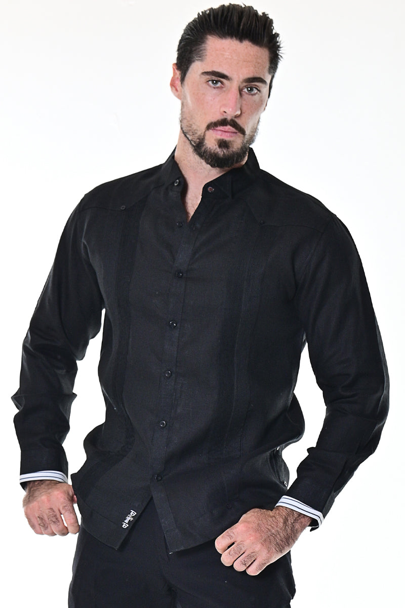 BOHIO MENS FANCY GUAYABERA TUXEDO STYLE PLEATED 100% LINEN - black/white - MLG1686