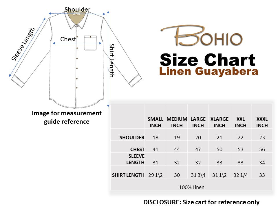 BOHIO MENS FANCY EMBROIDERED GUAYABERA CHACABANA CUBAN SHIRT 100% LINEN - SIZE CHART - MLG1272
