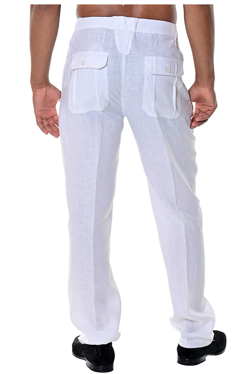 Bohio Mens Casual Summer Linen Drawstring Pants - MLP19 white back