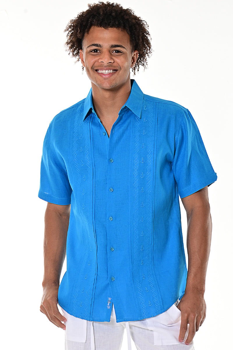 Bohio 100% Linen Mens Fancy Style Short Sleeve Shirt w/Anchor Embroidered Panels in (2) Colors-MLS1270 - Casual Tropical Wear