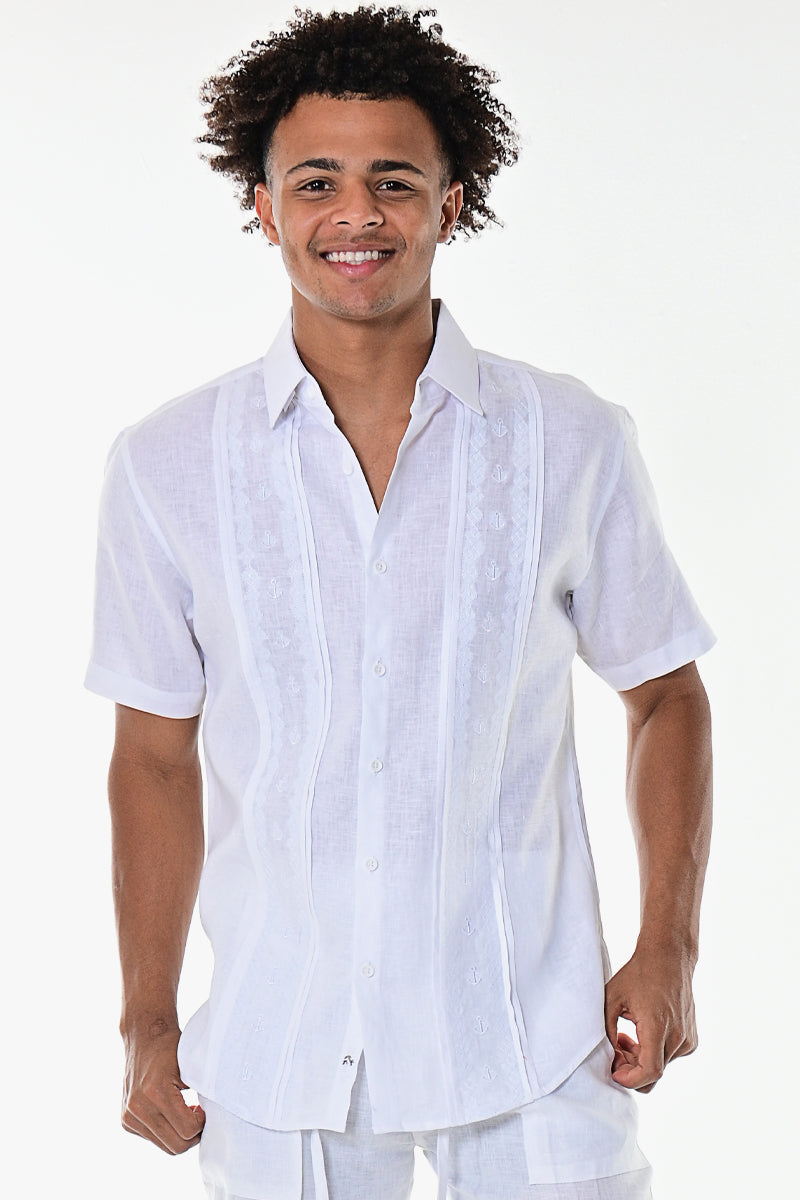 Bohio 100% Linen Mens Fancy Style Short Sleeve Shirt w/Anchor Embroidered Panels in (2) Colors-MLS1270 - Casual Tropical Wear