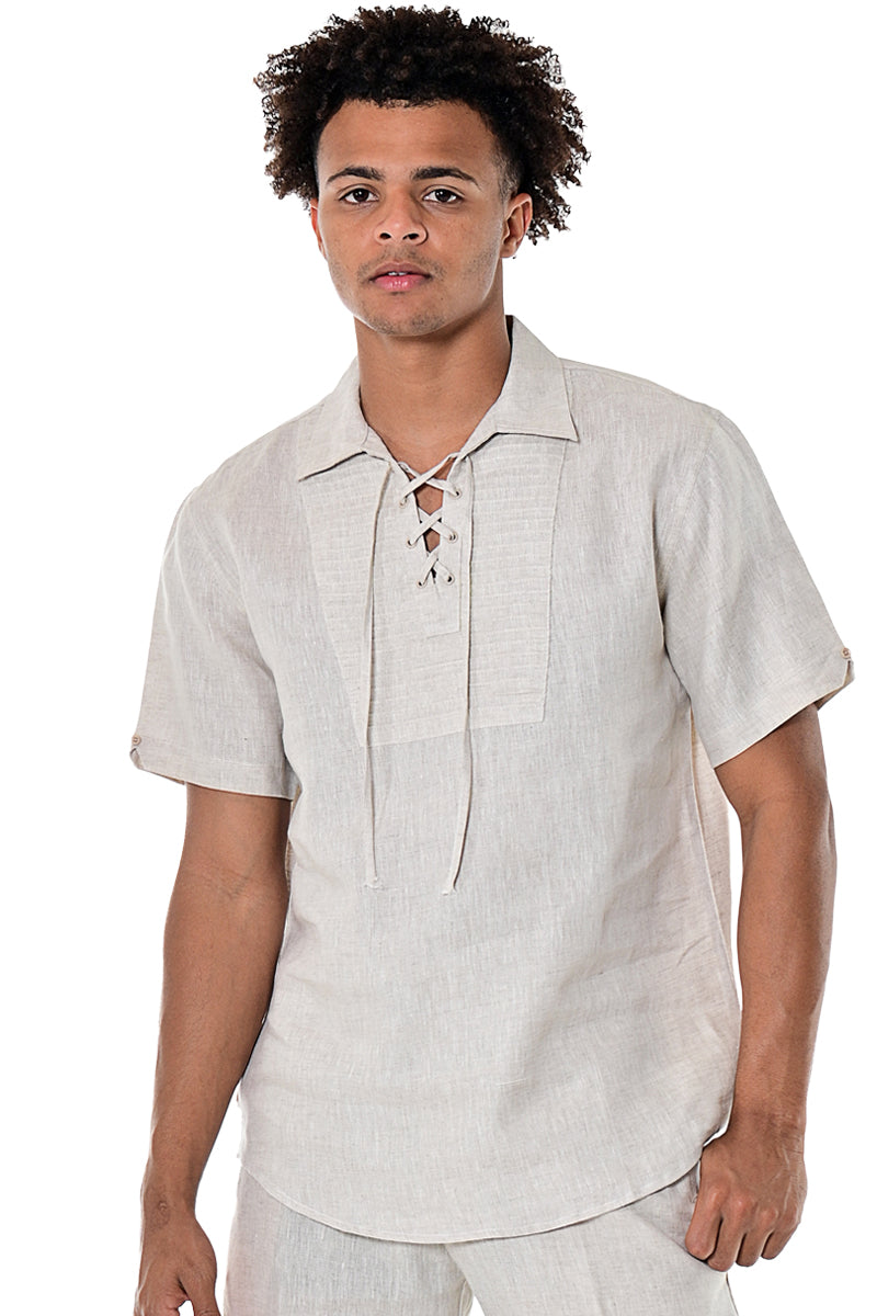 Bohio Men's Lace Up 100% Linen Short Sleeve Fashion Shirt -MLS1282 - Casual Tropical Wear