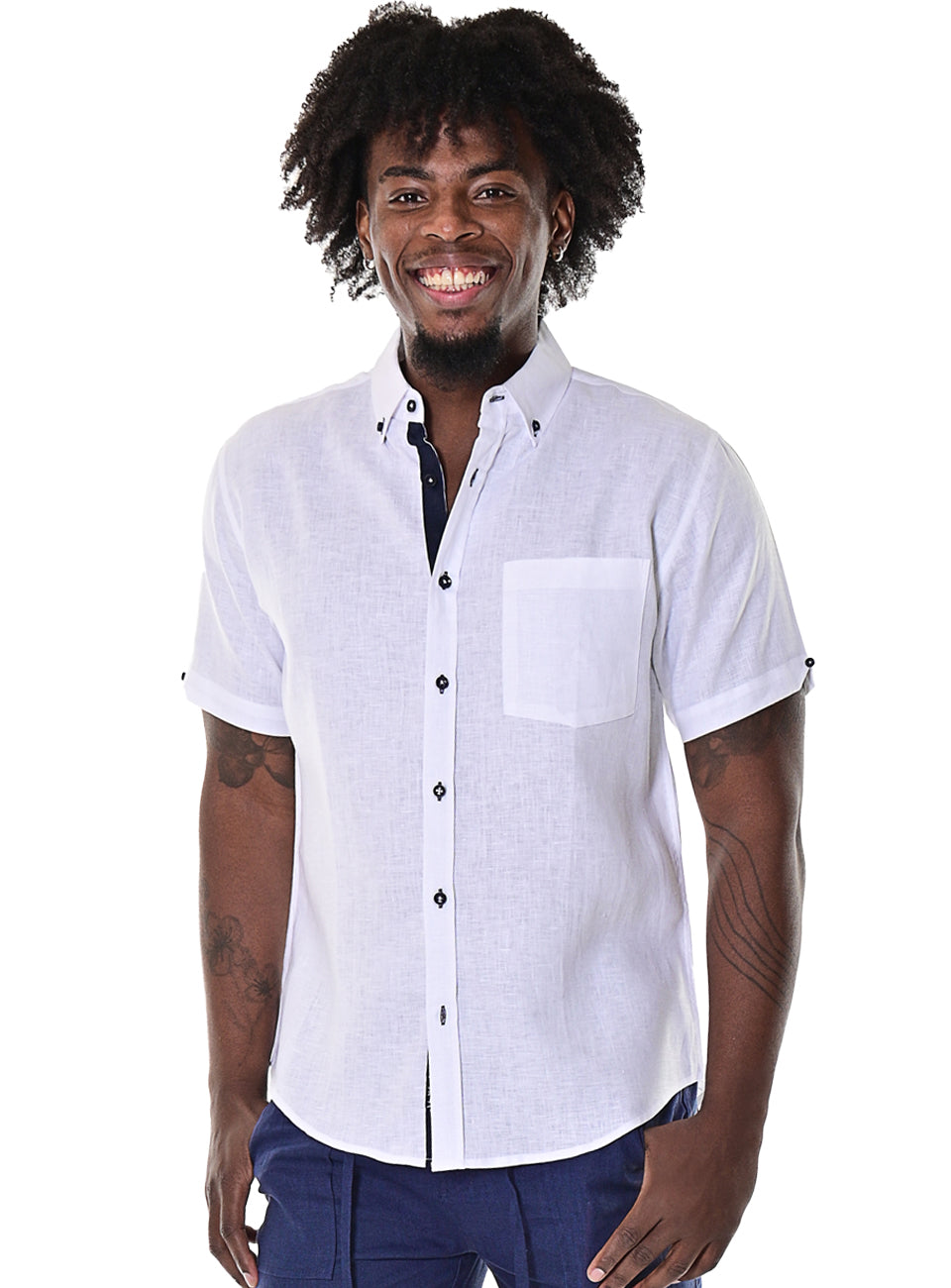 Bohio Men's 100% Linen Short Sleeve Shirt w/Pocket & Contrast Buttons in (2) Colors-MLS1554 - Casual Tropical Wear
