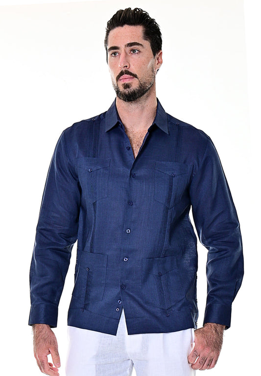 Bohio Guayabera Shirt For Men - Linen Classic Traditional 4-Pocket Chacavana Mexican NAVY FRONT MLS501