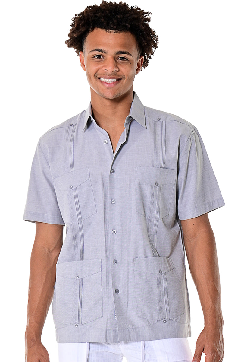 Bohio Men Cuban Guayabera Shirt (4) Pkt Chacavana Casual Button Up - MTCG1741 gray