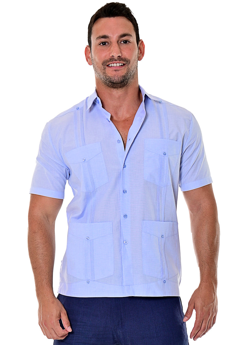 Bohio Men Cuban Guayabera Shirt (4) Pkt Chacavana Casual Button Up - MTCG1741 lt. blue front