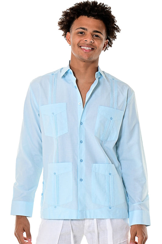 Bohio Mens Cuban Guayabera Shirt Long Sleeves w/Traditional 4 Pocket - Casual Tropical Wear