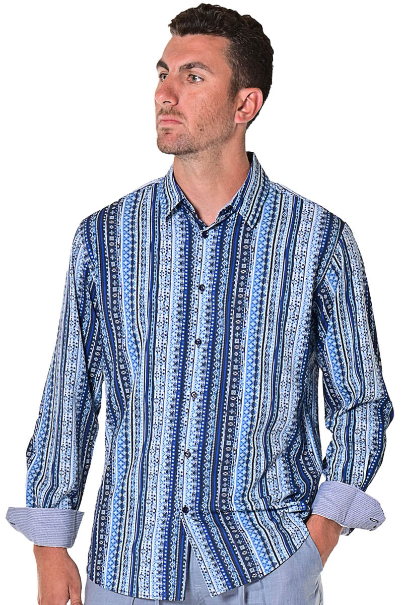 Bohio Mens Casual Print Shirt - Vacay Long Sleeve Button Up Night Life - MXL1673 - Casual Tropical Wear