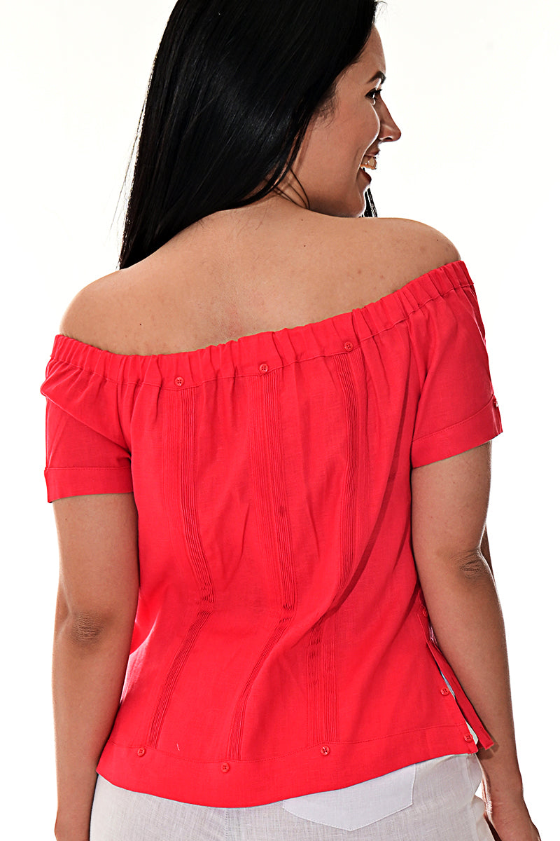 Ladies Linen Guayabera Off-the-Shoulder Short Sleeve Top - LLGB3007