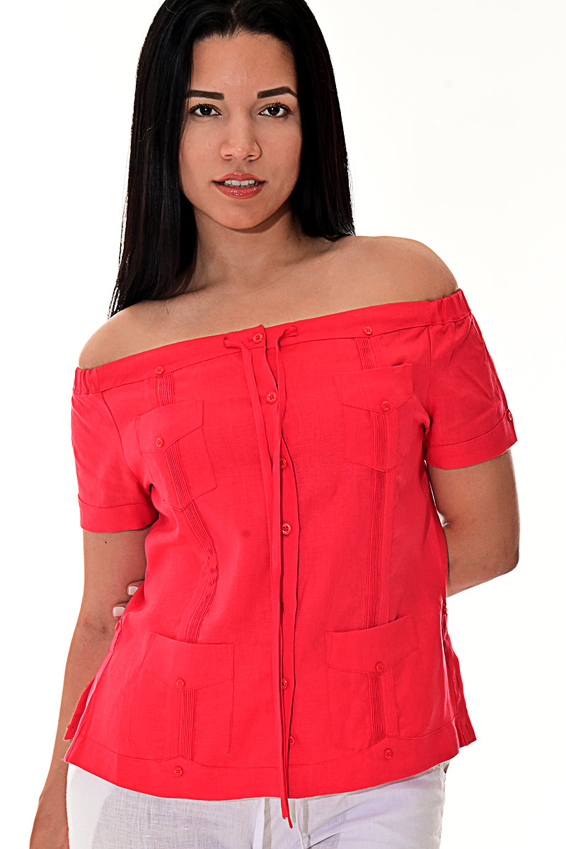 Ladies Linen Guayabera Off-the-Shoulder Short Sleeve Top - LLGB3007