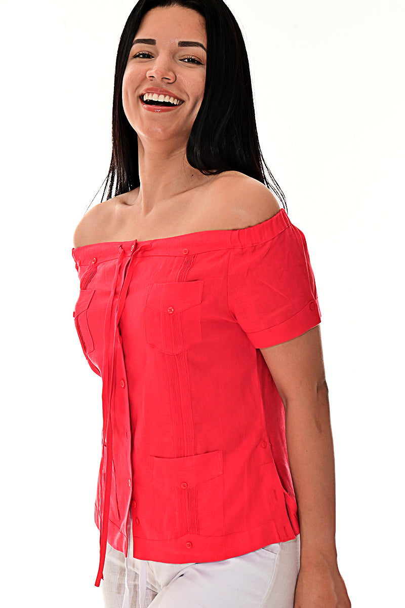 Ladies Linen Guayabera Off-the-Shoulder Short Sleeve Top - LLGB3007