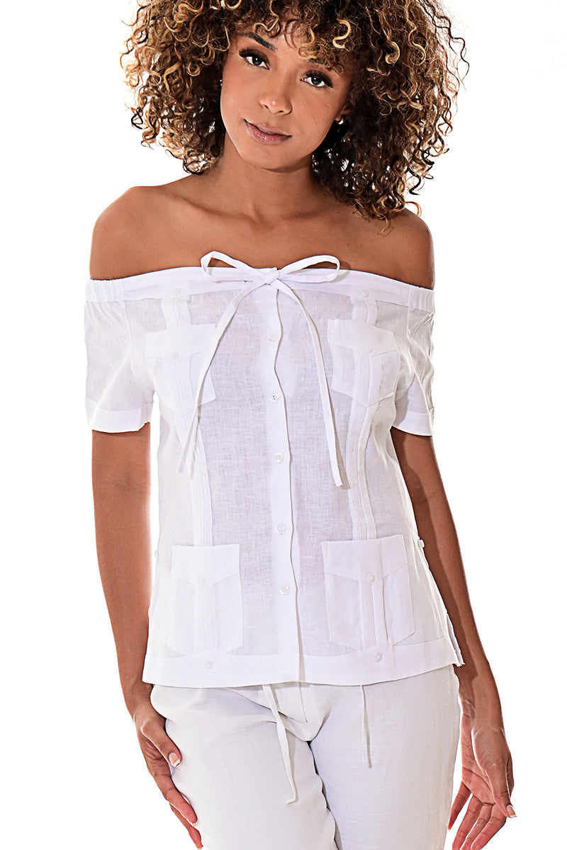 Ladies Linen Guayabera Off-the-Shoulder Short Sleeve Top - LLGB3007