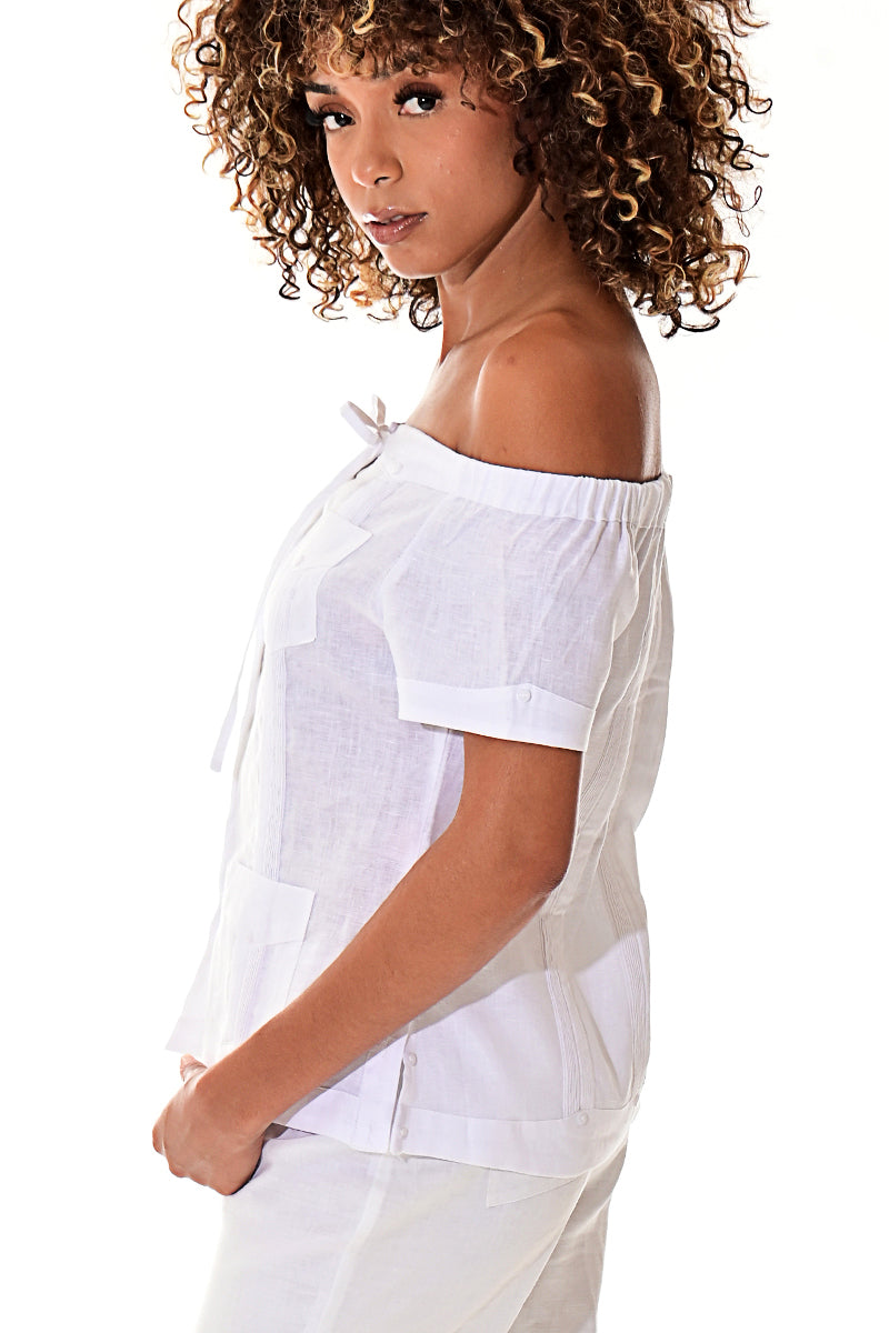 Ladies Linen Guayabera Off-the-Shoulder Short Sleeve Top - LLGB3007