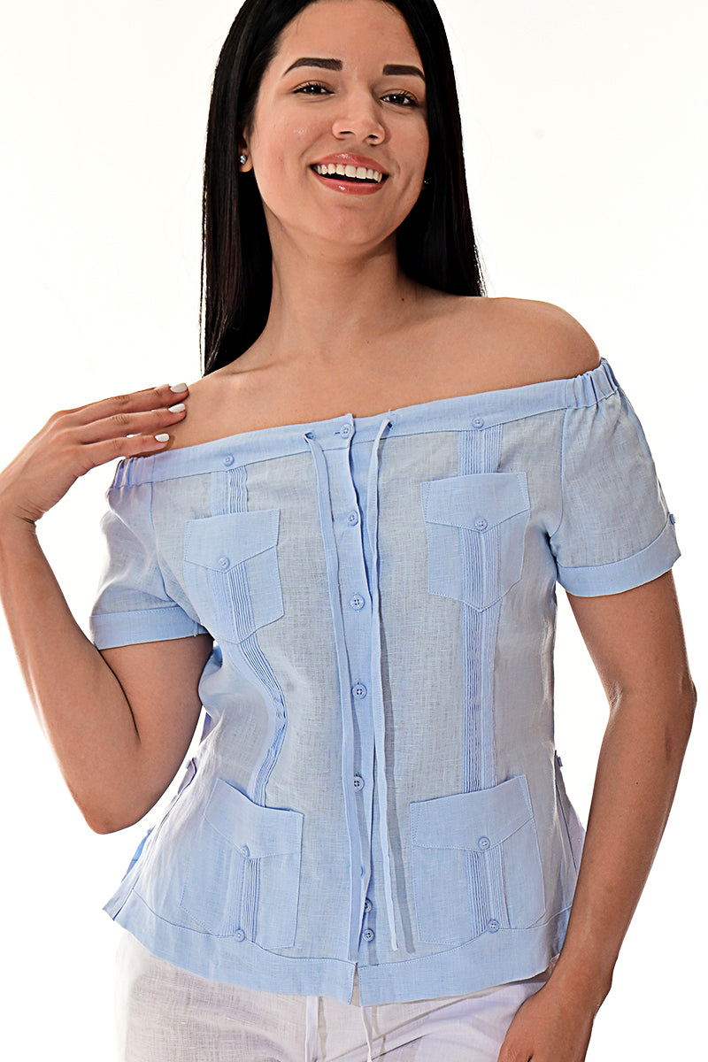 Ladies Linen Guayabera Off-the-Shoulder Short Sleeve Top - LLGB3007