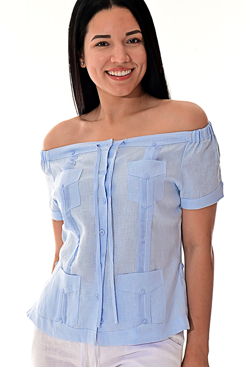 Ladies Linen Guayabera Off-the-Shoulder Short Sleeve Top - LLGB3007