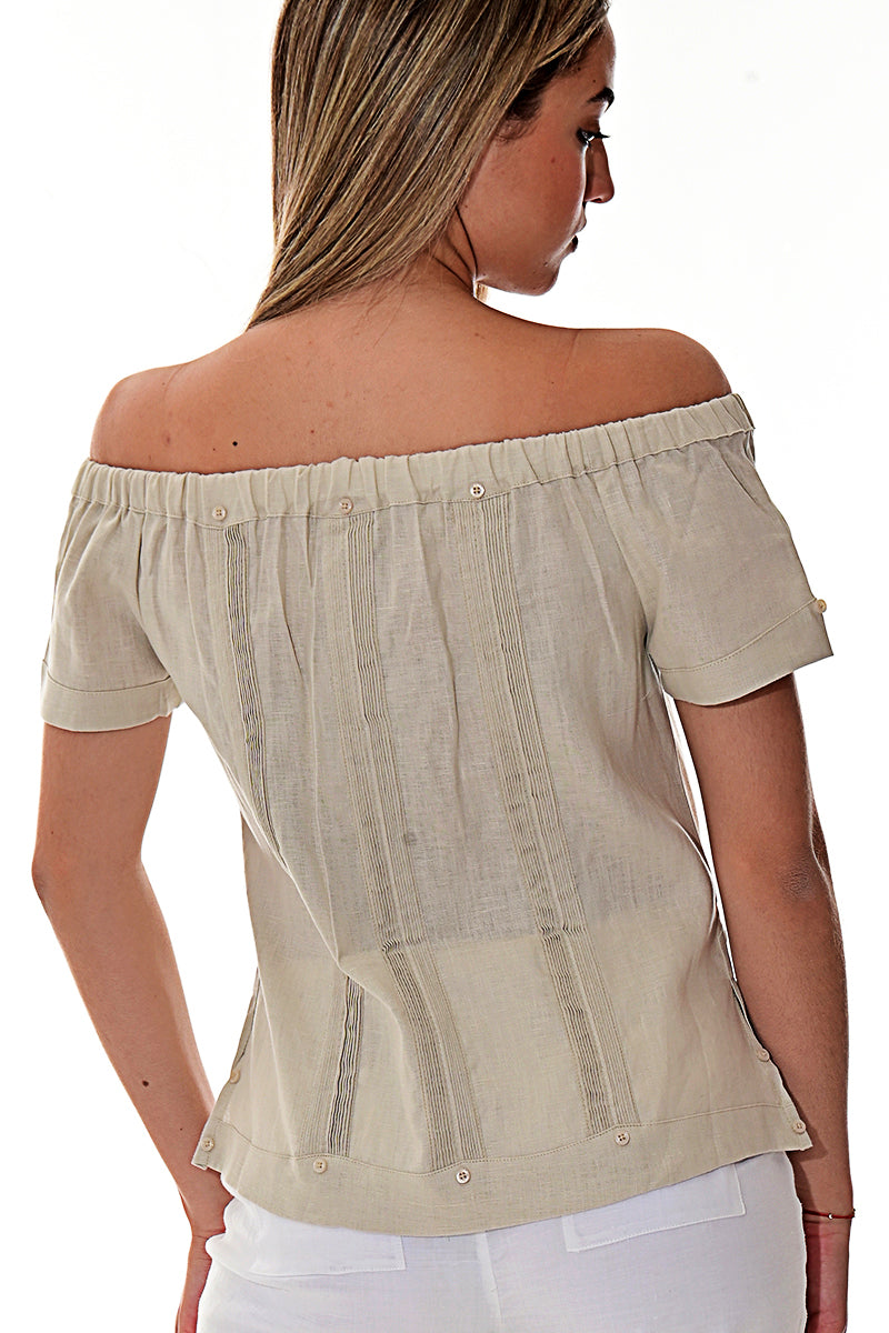 Ladies Linen Guayabera Off-the-Shoulder Short Sleeve Top - LLGB3007