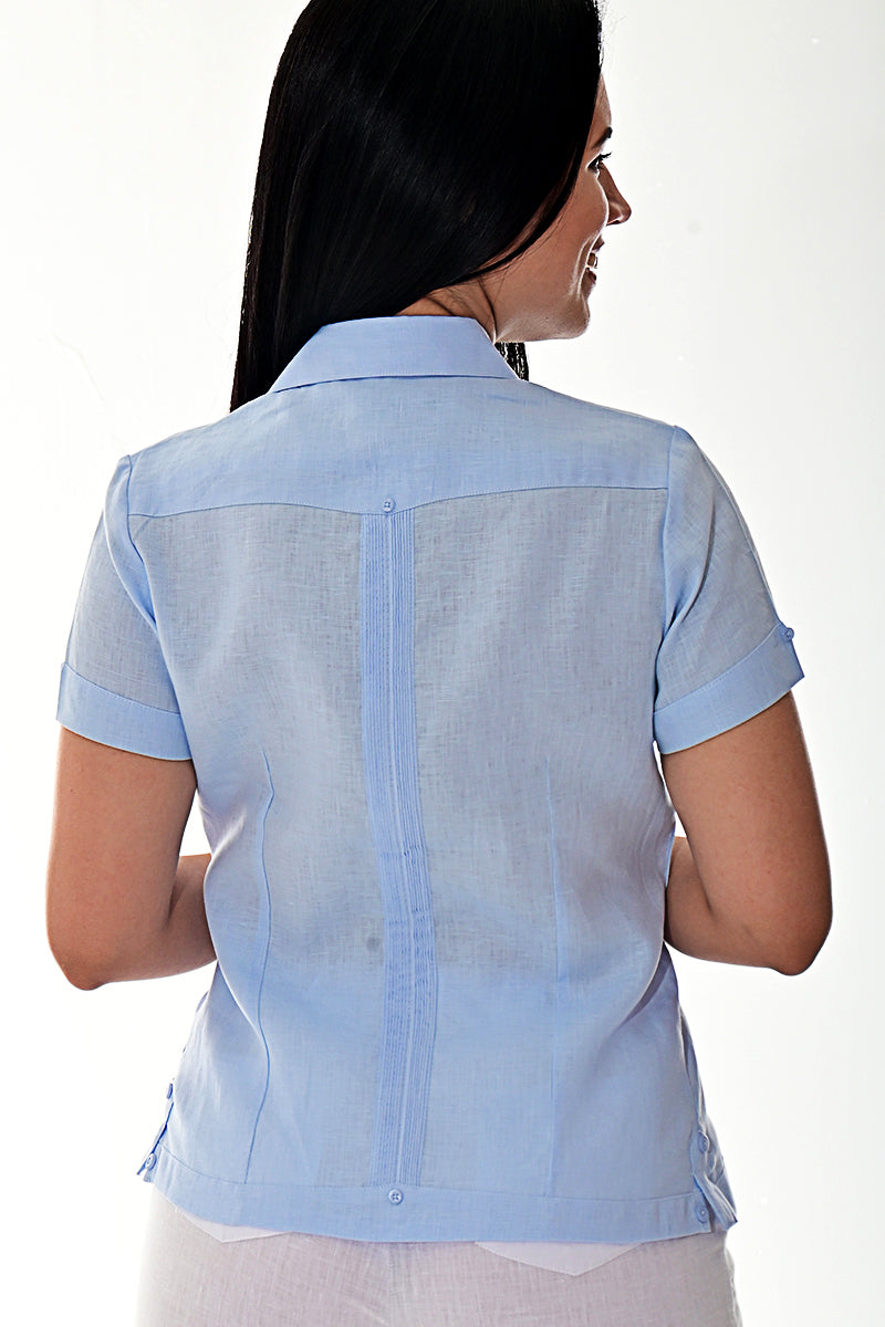 Ladies 100% Soft Linen Traditional (4) Pocket Short Sleeve Guayabera Blouse in (5) Colors - LLGB3008