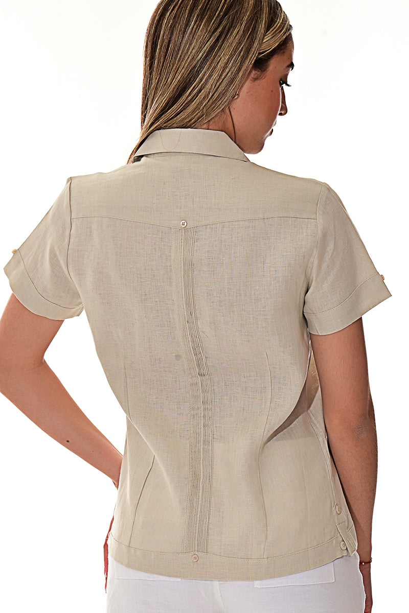 Ladies 100% Soft Linen Traditional (4) Pocket Short Sleeve Guayabera Blouse in (5) Colors - LLGB3008