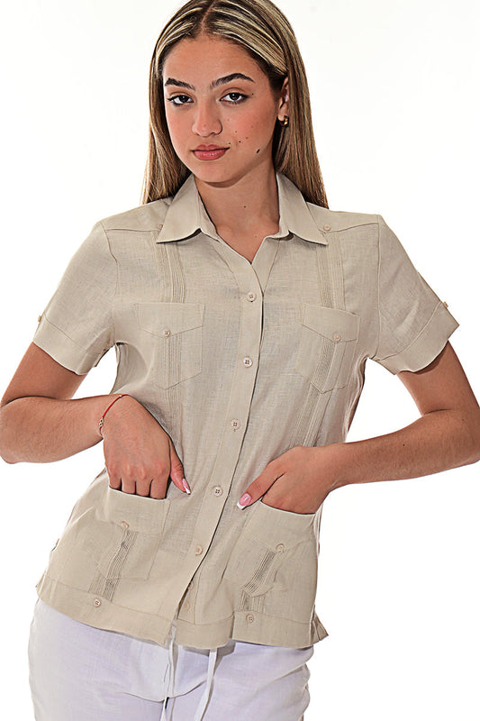 Ladies 100% Soft Linen Traditional (4) Pocket Short Sleeve Guayabera Blouse in (5) Colors - LLGB3008