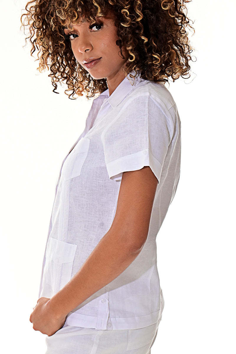 Ladies 100% Soft Linen Traditional (4) Pocket Short Sleeve Guayabera Blouse in (5) Colors - LLGB3008