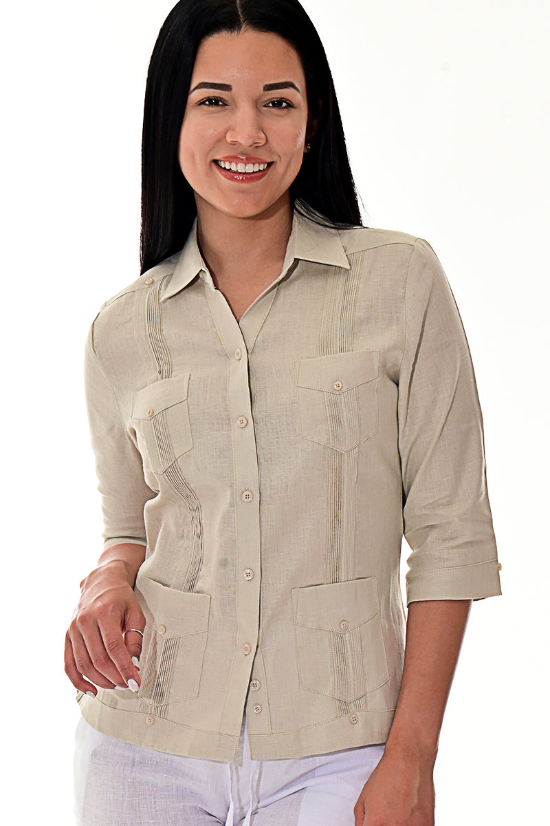 Ladies 100% Soft Linen Traditional (4) Pocket 3/4 Sleeve Guayabera Blouse in (5) Colors - LLGB3009