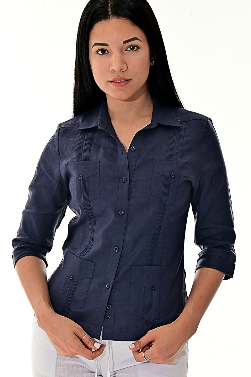 Ladies 100% Soft Linen Traditional (4) Pocket 3/4 Sleeve Guayabera Blouse in (5) Colors - LLGB3009