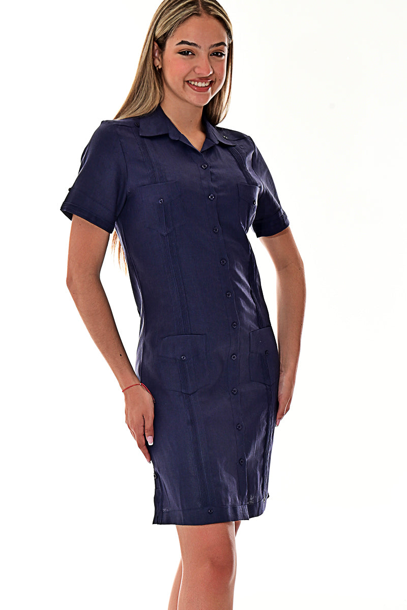 Ladies 100% Soft Linen Traditional (4) Pocket Guayabera Dress in (5) Colors - LLGD3010