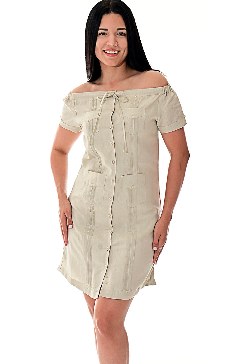 Ladies 100% Soft Linen Traditional (4) Pocket Guayabera Dress in (5) Colors - LLGD3011