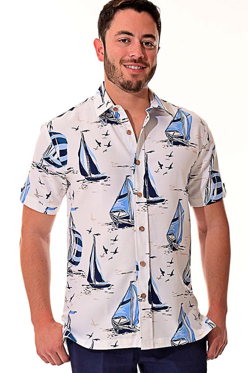 Men Rayon Short Sleeve Sail Boat Printed Shirt - MRS1017