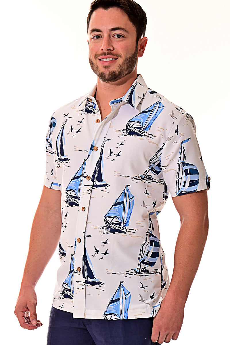 Men Rayon Short Sleeve Sail Boat Printed Shirt - MRS1017