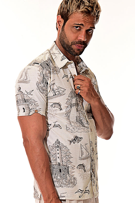 Men Rayon Short Sleeve Light House Printed Shirt - MRS1025