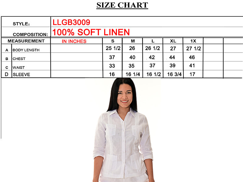 Ladies 100% Soft Linen Traditional (4) Pocket 3/4 Sleeve Guayabera Blouse in (5) Colors - LLGB3009