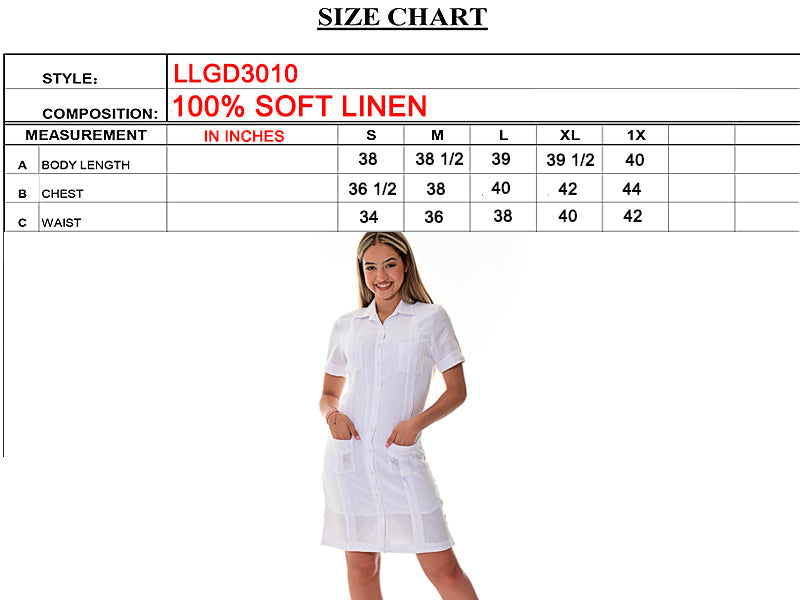 Ladies 100% Soft Linen Traditional (4) Pocket Guayabera Dress in (5) Colors - LLGD3010