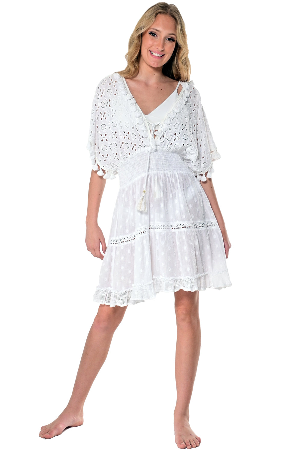 AZUCAR LADIES MINI COVER-UP DRESS WITH TASSELS 100% COTTON - white front view on model LCT1757