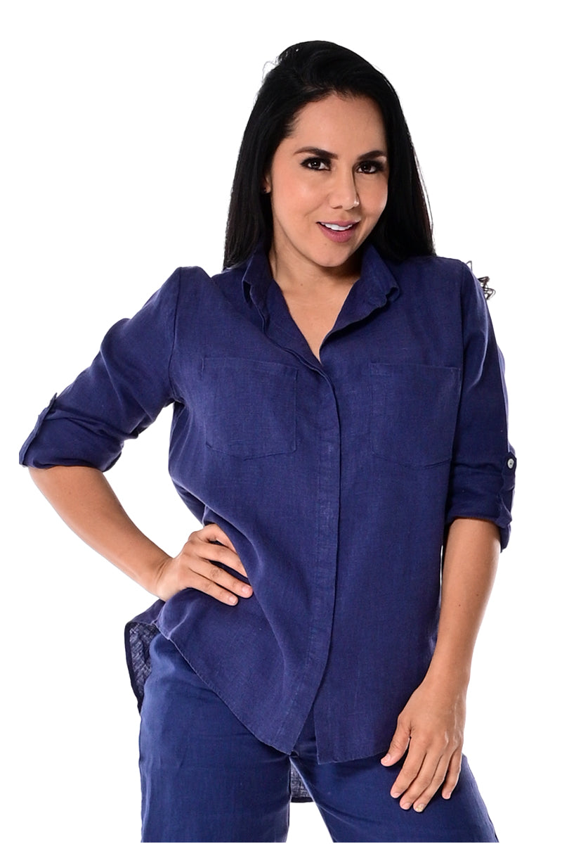 AZUCAR LADIES LONG SLEEVE ROLL-UP BLOUSE 100% LINEN  Navy Blue  - LLB1552