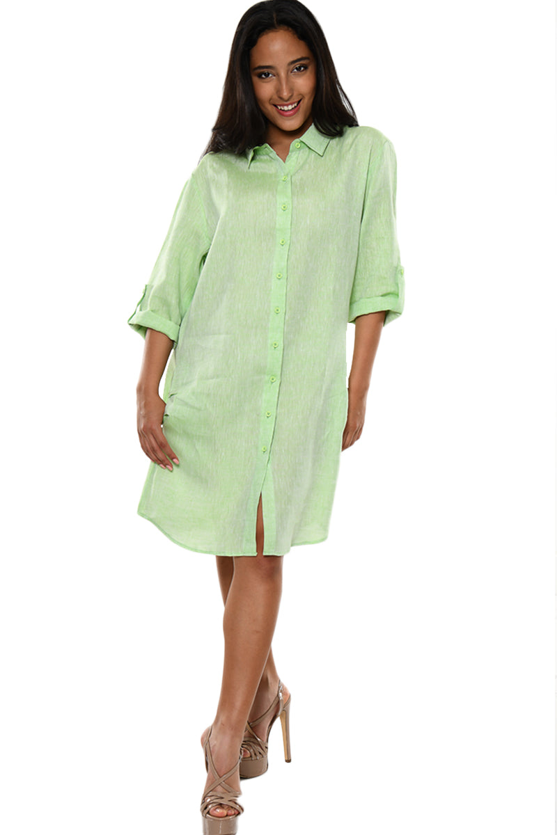 Azucar Ladies Green 100% Linen Yarn-Dye Soft - 3/4 Sleeve Roll-Up White (2) Pocket Design Shirt/Dress - LLD1725 - Casual Tropical Wear