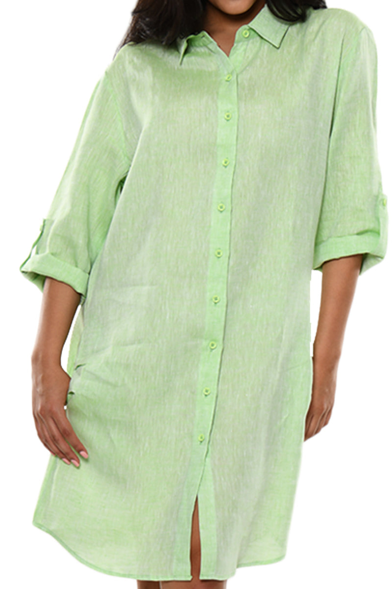 Azucar Ladies Green 100% Linen Yarn-Dye Soft - 3/4 Sleeve Roll-Up White (2) Pocket Design Shirt/Dress - LLD1725 - Casual Tropical Wear