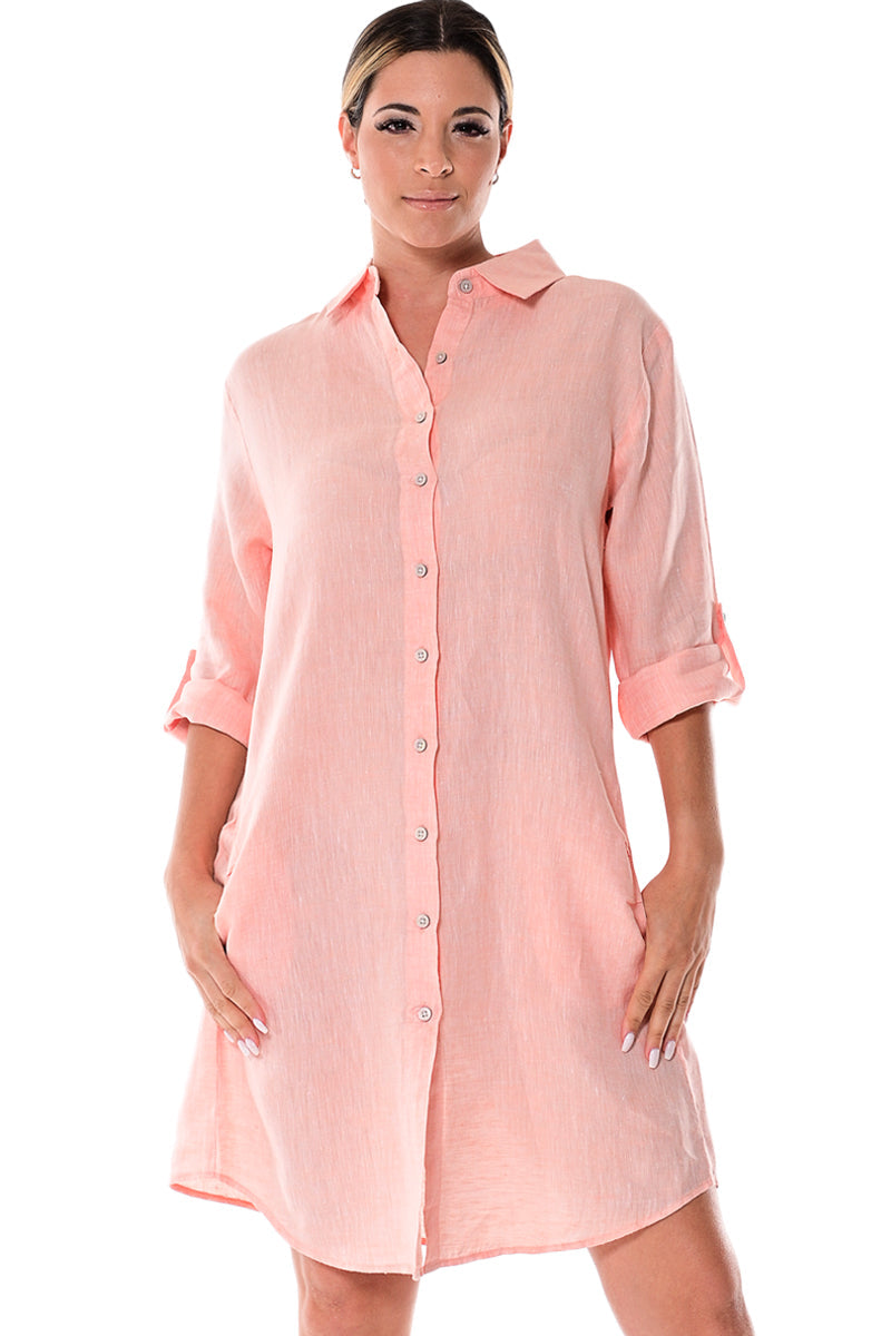 Azucar Ladies Orange 100% Linen Yarn-Dye Soft - 3/4 Sleeve Roll-Up White (2) Pocket Design Shirt/Dress - LLD1725 - Casual Tropical Wear