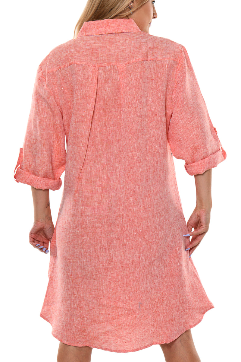 Azucar Ladies Red 100% Linen Yarn-Dye Soft - 3/4 Sleeve Roll-Up White (2) Pocket Design Shirt/Dress - LLD1725 - Casual Tropical Wear