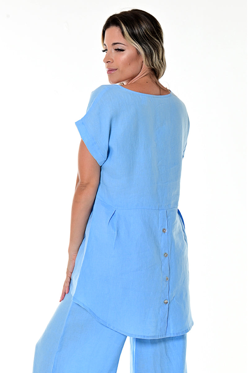 AZUCAR LADIES CASUAL V-NECK TUNIC 100% LINEN - IN (4) COLORS - LLWB110 blue solid back 